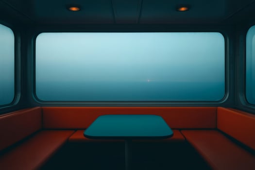 Futuristic intergalactic dining area with vibrant seating and expansive views of the cosmos at twilight photo