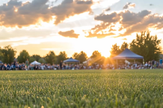 A field with people sitting on it at sunset photo
