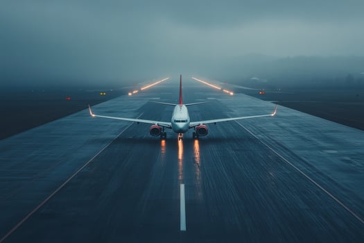 Captivating aerial view of an airplane gracefully landing on a rainy runway in soft twilight ambiance photo