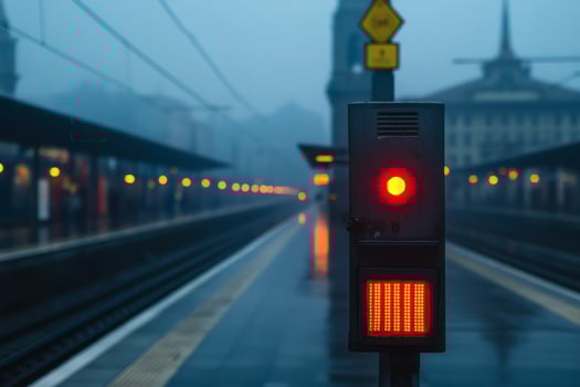 Illuminated red signal at Milan central train station in the early morning mist photo