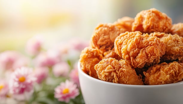 Fried Chicken Delights in a Bowl Beautiful Garden Background Gourmet Food Photography Outdoor Setting Copyspace photo