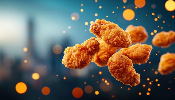 Fried Chicken Pieces in Flight Urban Background Food Photography Colorful Copyspace Environment photo