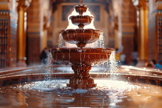 A beautiful tiered fountain with water spilling down into the pool photo