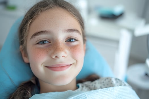 Bright smile of a young child at the dental clinic, showcasing calmness amid the dental check-up experience in a cozy atmosphere photo