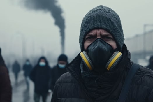 Industrial pollution blankets a city as workers brave the toxic air in search of livelihood in the early morning fog photo