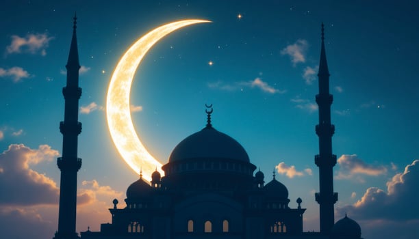 Mosque Silhouette with Crescent Moon Glowing in Night Sky Image photo