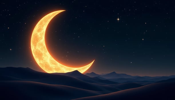 Glowing Crescent Moon Over Desert Landscape at Night with Starry Sky photo
