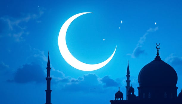 Crescent Moon and Mosque Silhouette at Night Sky for Ramadan photo