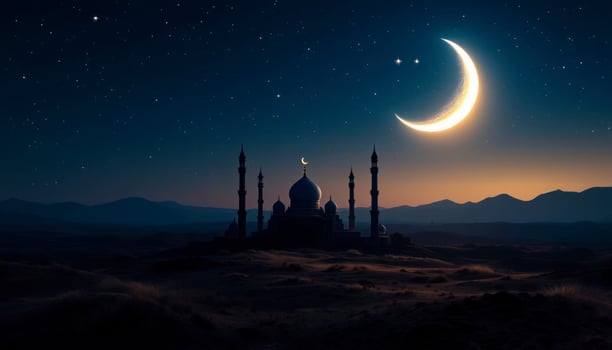 Islamic mosque and crescent at night photo