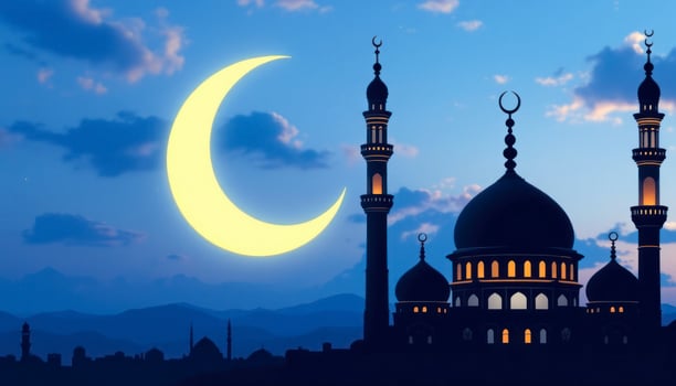 Glowing Crescent Moon Over Mosque Silhouette at Night Religious Celebration photo