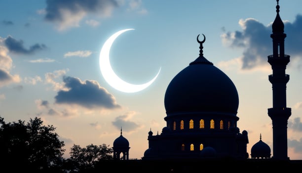 Mosque Silhouette at Dusk with Crescent Moon Religious Celebration Concept photo