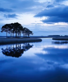 Blue sky and water with trees reflected in the water photo