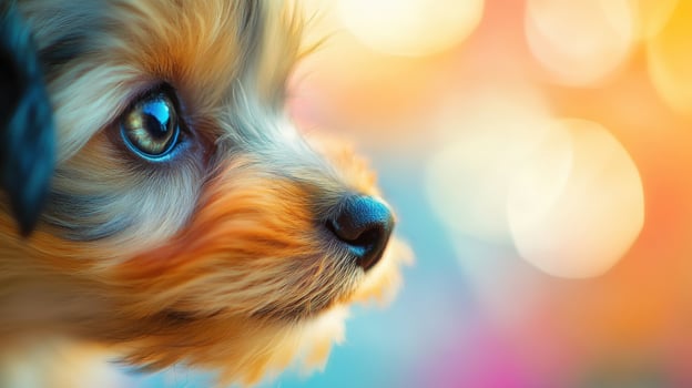 A close up of a dog's face with a colorful background photo