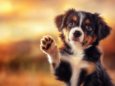 A puppy is standing up and waving its paw photo