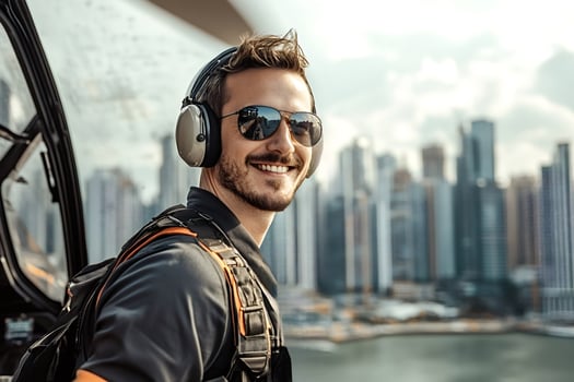 Helicopter pilot smiling wearing headphones and sunglasses in dubai photo
