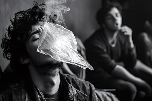 Young man inhaling smoke from plastic bag with friend photo
