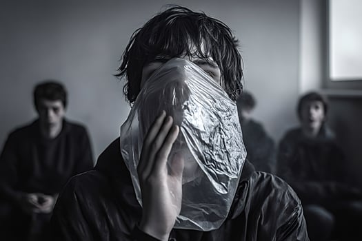 Teenager suffocating with plastic bag, inhaling toxic glue struggling to breathe photo