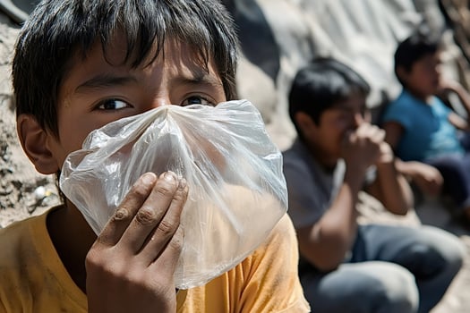 Latin american child inhaling glue fumes from plastic bag photo