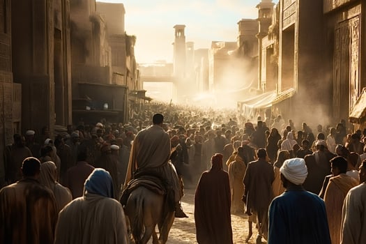 Moses riding horse leading israelites exodus from egypt city photo