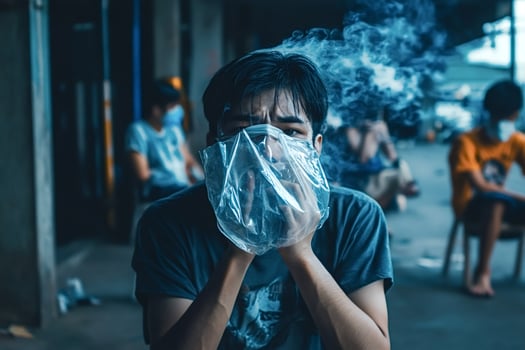 Young man inhaling smoke from plastic bag, drug addiction concept photo