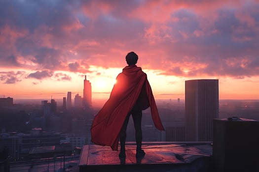 Superhero watching sunrise over city skyline from rooftop photo