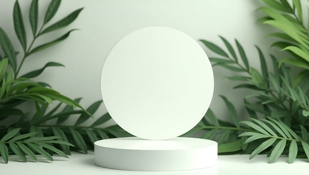 Trendy White Round Podium Mockup for Natural Organic Cosmetic Products on Eco Friendly Green Forest Background Minimalist Flat Lay with Fresh Leaves and Space for Branding Realistic Set photo