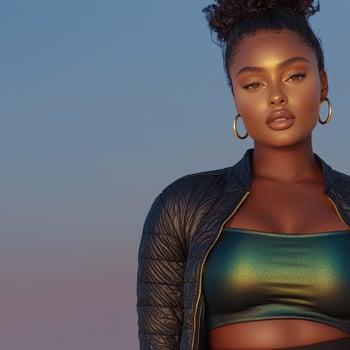 A beautiful black woman with a gold bra top and black jacket photo