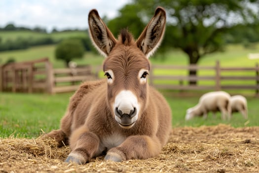 Donkey foal resting on straw in a farm photo