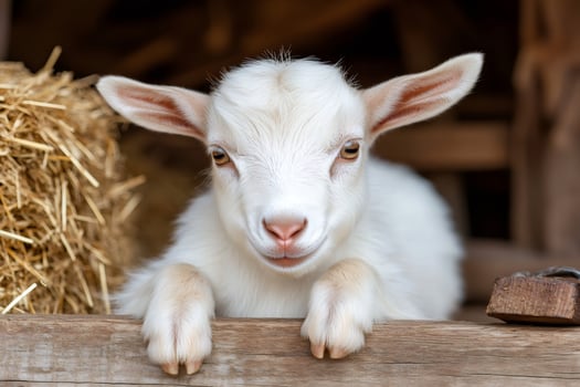 White baby goat resting its paws on wooden fence in barn photo
