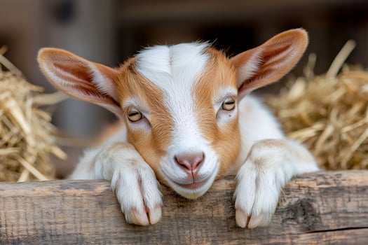 Baby goat resting its head on a wooden fence in a barn photo