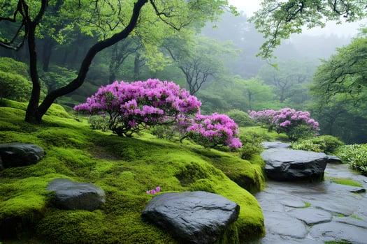 Blooming rhododendrons and mossy garden in rainy and foggy Japan photo