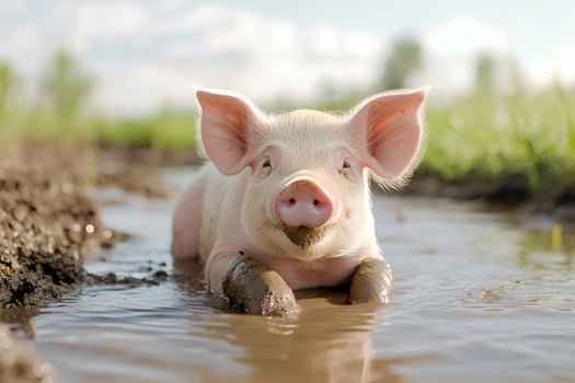 Cute piglet relaxing in a mud puddle photo