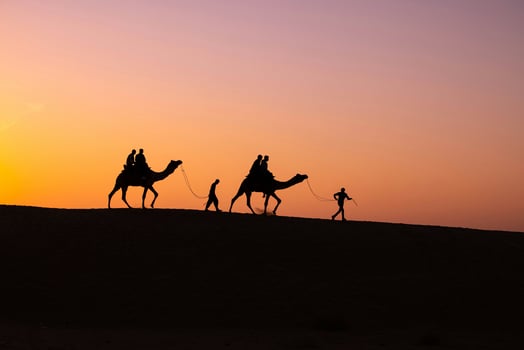 A group of people riding camels at sunset photo