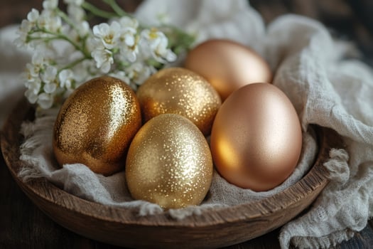 Golden easter eggs with glitter and white flowers resting on a wooden bowl and a linen napkin photo