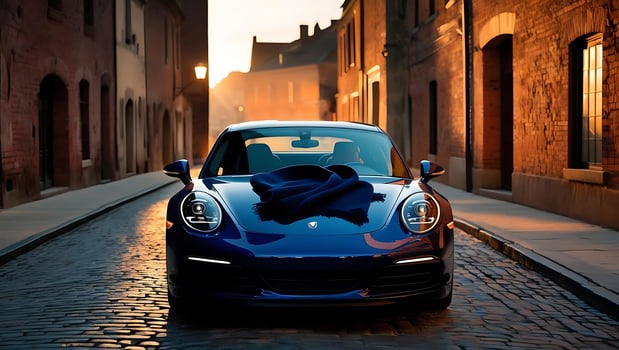 A sleek blue sports car with a scarf on its hood parked on a historic cobblestone street at sunset. photo