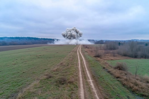 distant explosion near dirt road through field, aerial view photo