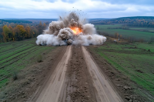 Explosion on a dirt road in the middle of the field. photo