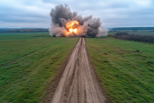explosion on dirt road through field, aerial view photo