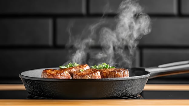 Juicy steaks sizzling in cast iron pan, releasing aromatic steam and garnished with herbs photo