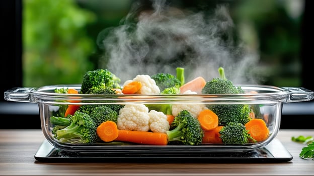 Fresh vegetables steaming in clear glass dish, showcasing vibrant colors and healthy cooking photo