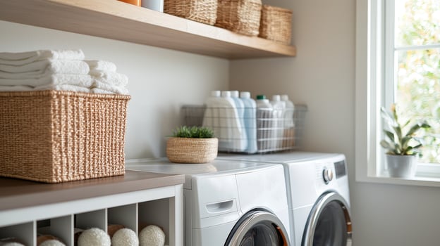 Sustainable and smart home organization concept. Modern laundry room featuring organized shelves, neatly folded towels, baskets, and laundry supplies beside a bright window. photo