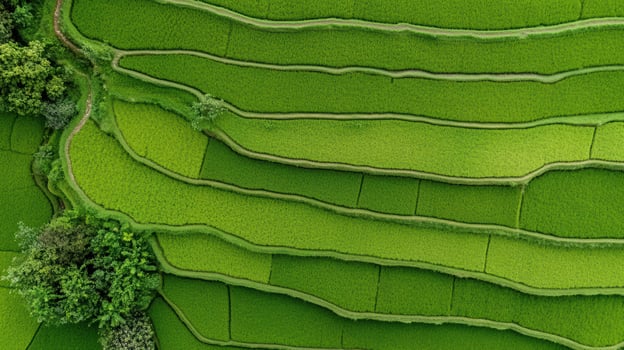 Aerial view of peaceful rice terrace showcasing vibrant green fields and winding paths photo