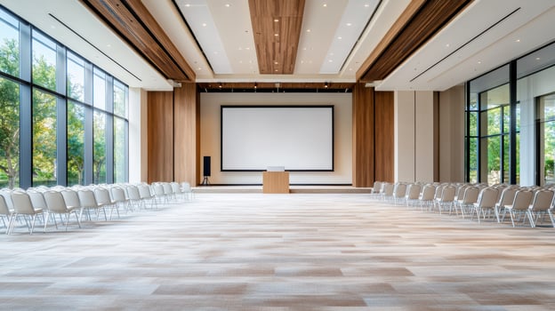 spacious conference venue with elegant design, featuring rows of chairs and large screen photo