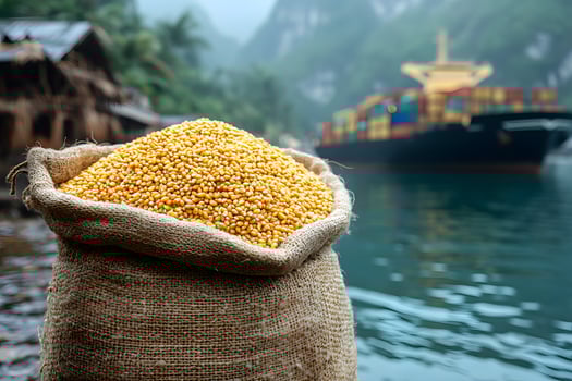 Sack of Corn with Cargo Ship in Tropical Harbor for Agricultural Export Concept photo