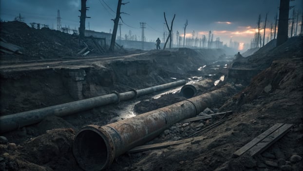 Post-apocalyptic landscape highlighting severe ecological crises and pollution issues photo