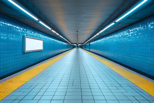 Futuristic Urban Subway Corridor with Blue Tiles and Symmetrical Perspective photo