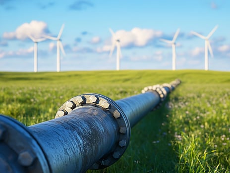 Metal Pipeline and Wind Turbines in Grassy Field photo