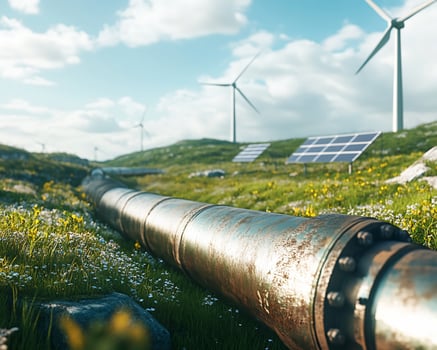 Pipeline, Wind Turbines, and Solar Panels in a Grassy Field photo