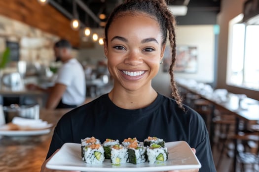 Smiling waitress serves fresh sushi at a vibrant restaurant during a busy lunchtime photo