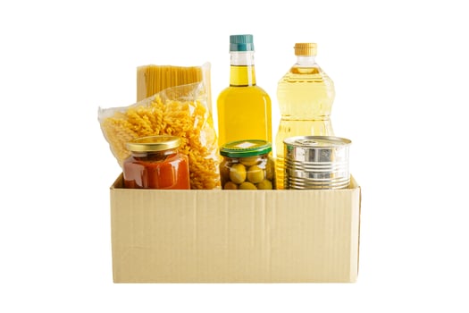 Foodstuffs in donation box for volunteer to help p photo